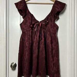 Francesca's Burgandy Sofia Jacquard Bow Mini Dress Dark Coquette Romantic Style